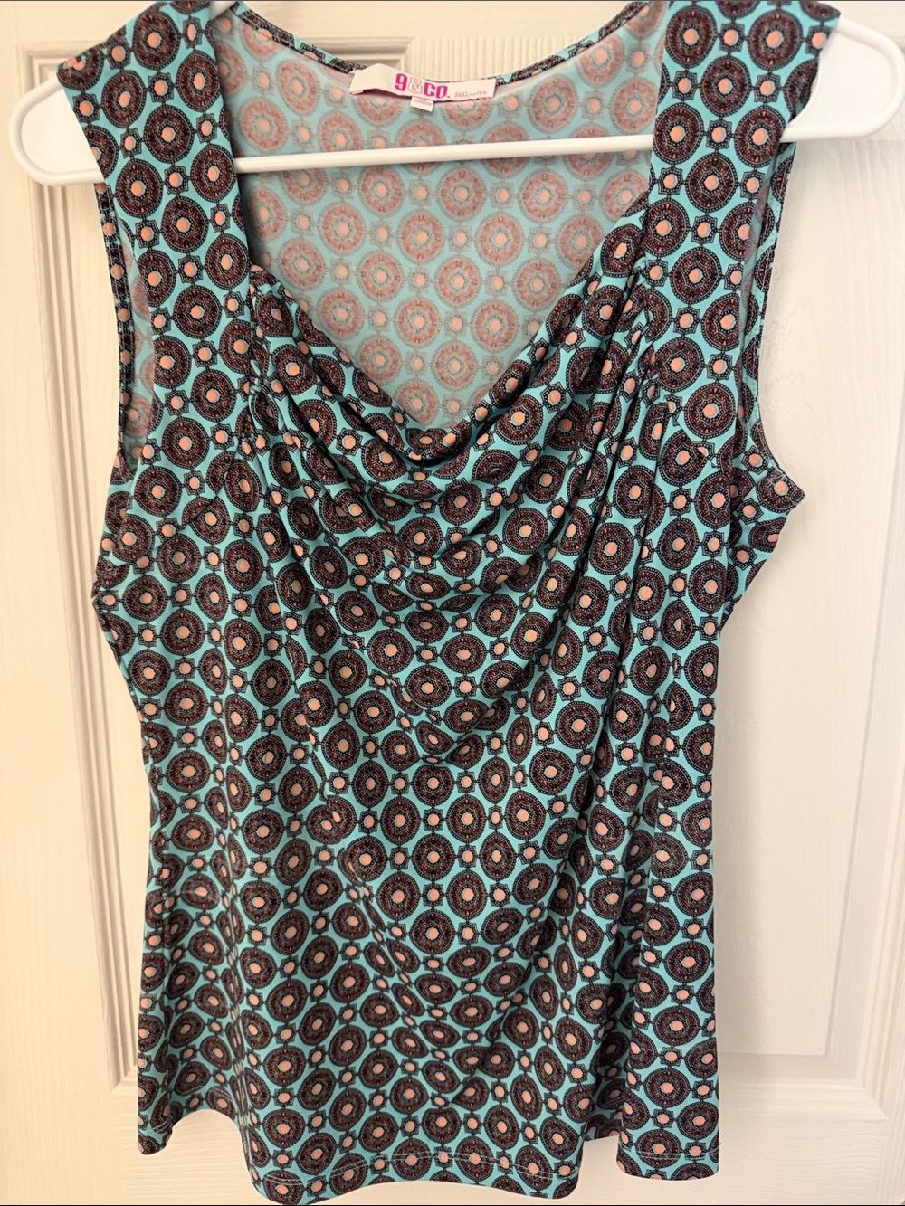 Cowl Neck Sleeveless Tank Top in Aqua and Black by 9&Co